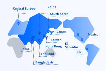 Japan, Taiwan, Hong Kong, China, Central Europe, Thailand, India, Bangladesh, Mexico, South Korea, El Salvador, Peru